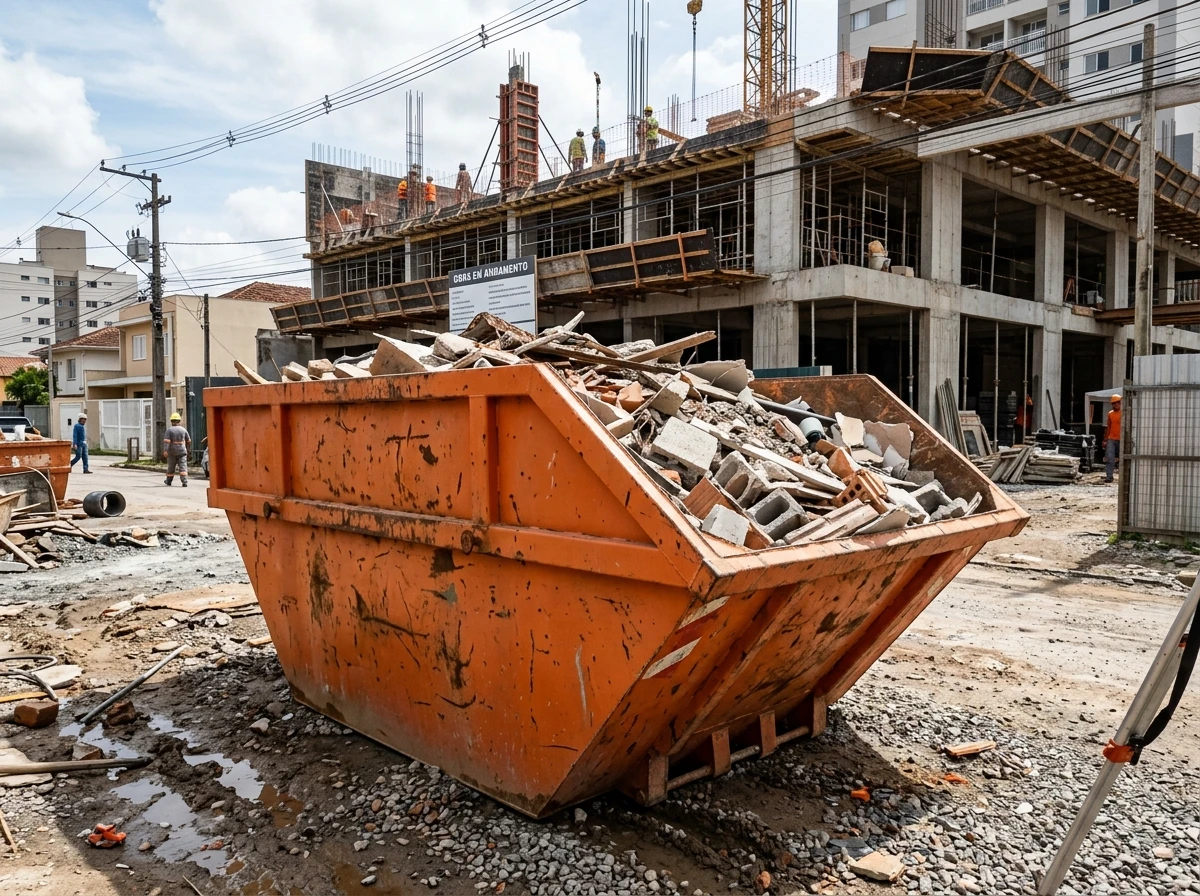 Caçamba estacionária de 7 metros cúbicos em obra de construção