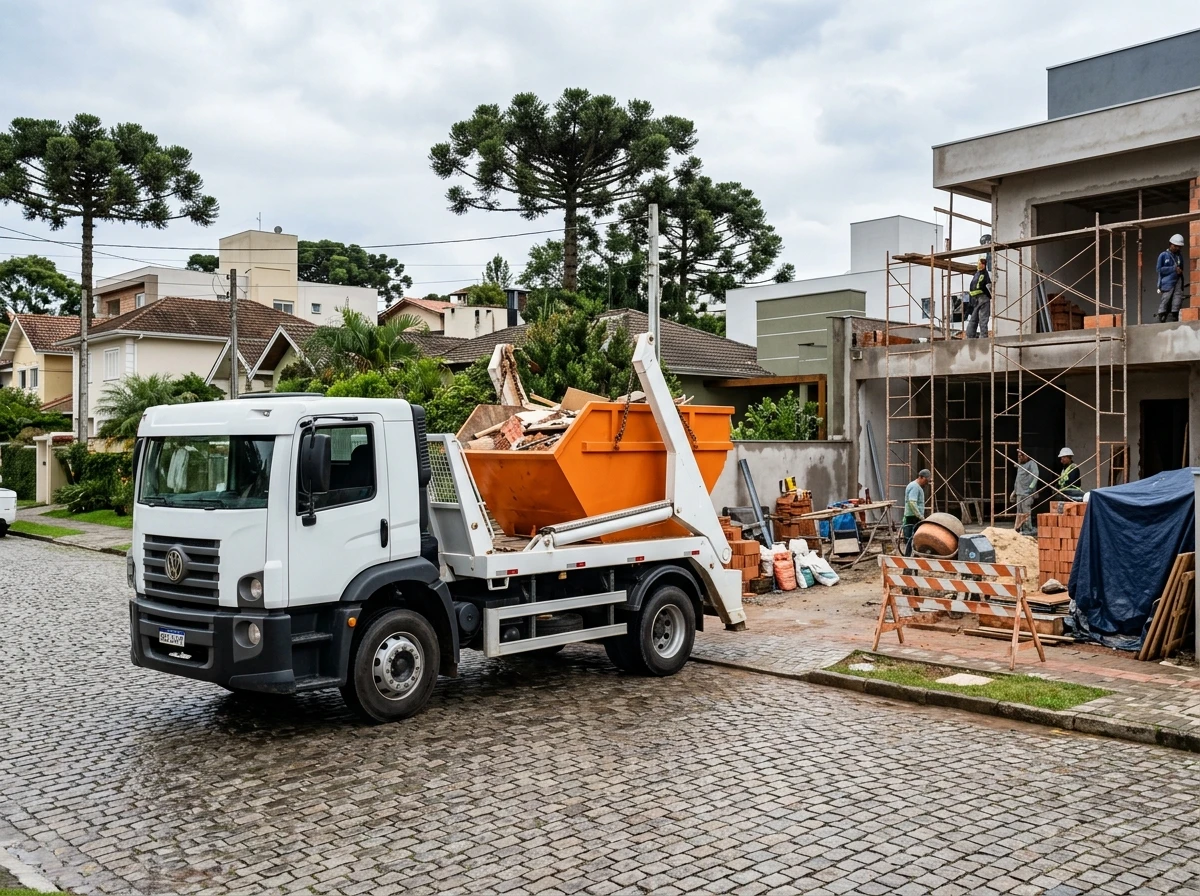 Caminhão poliguindaste transportando caçamba para obra no Paraná