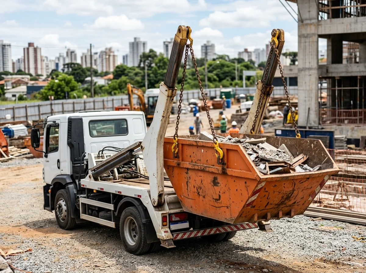 Caminhão poliguindaste realizando movimentação de caçamba em obra